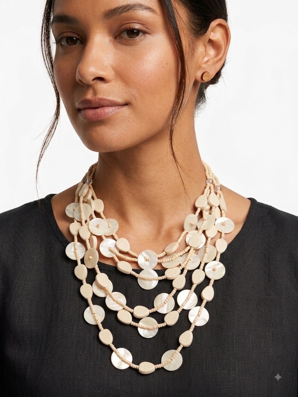 Multi-Strand Beige Shell Statement Necklace -